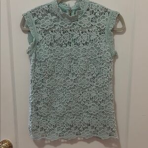 Nanette Lepore Green Crochet Sleeveless Blouse with Mandarin Collar